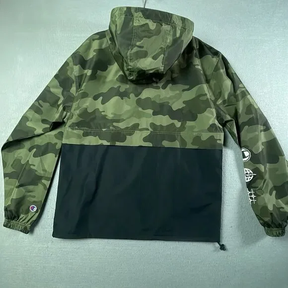 Champion Windbreaker Jacket Mens Small Black Green Camo Pocket Hooded Shell Zip - Picture 11 of 11